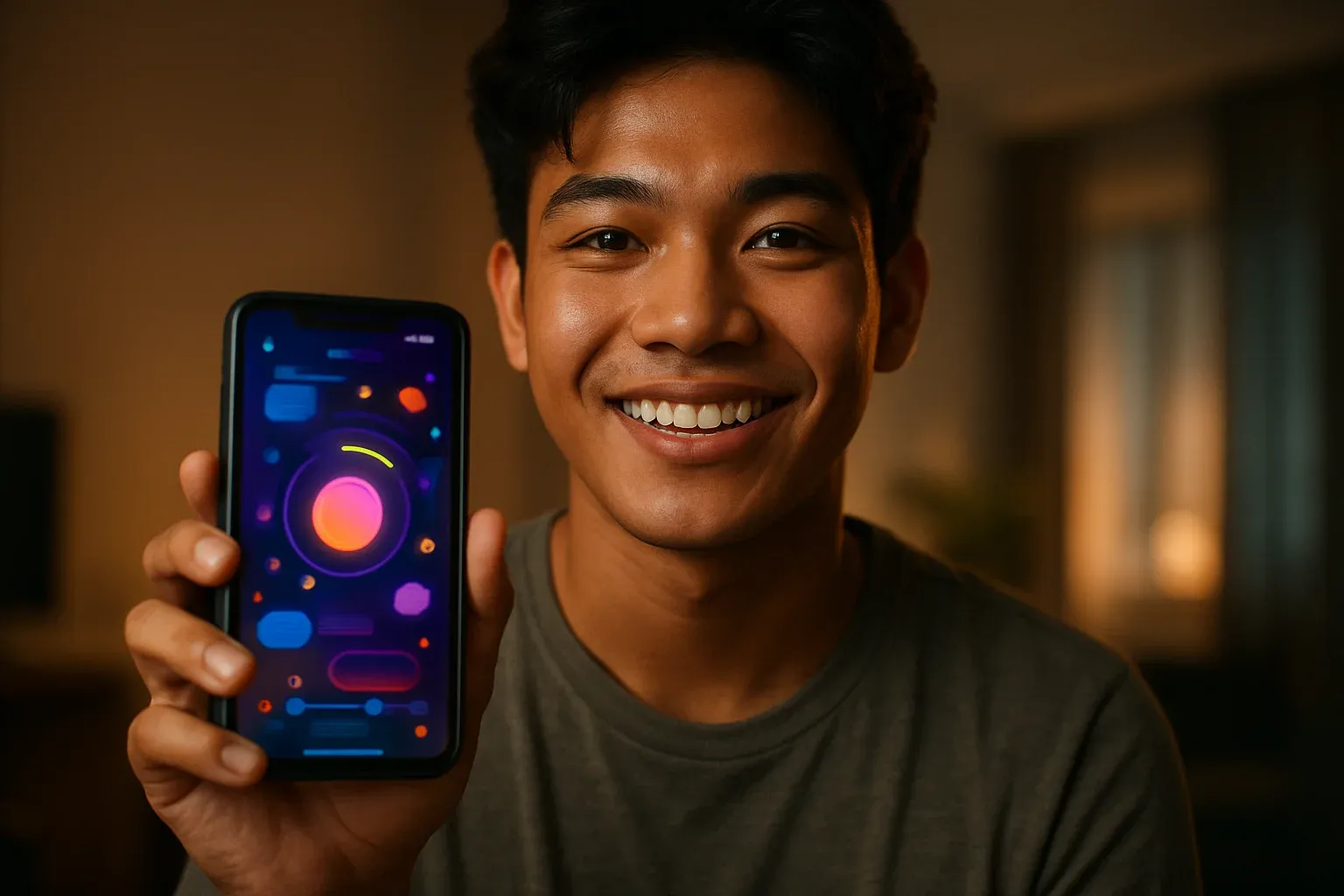 Smiling young Filipino man holding smartphone with colorful gaming app interface