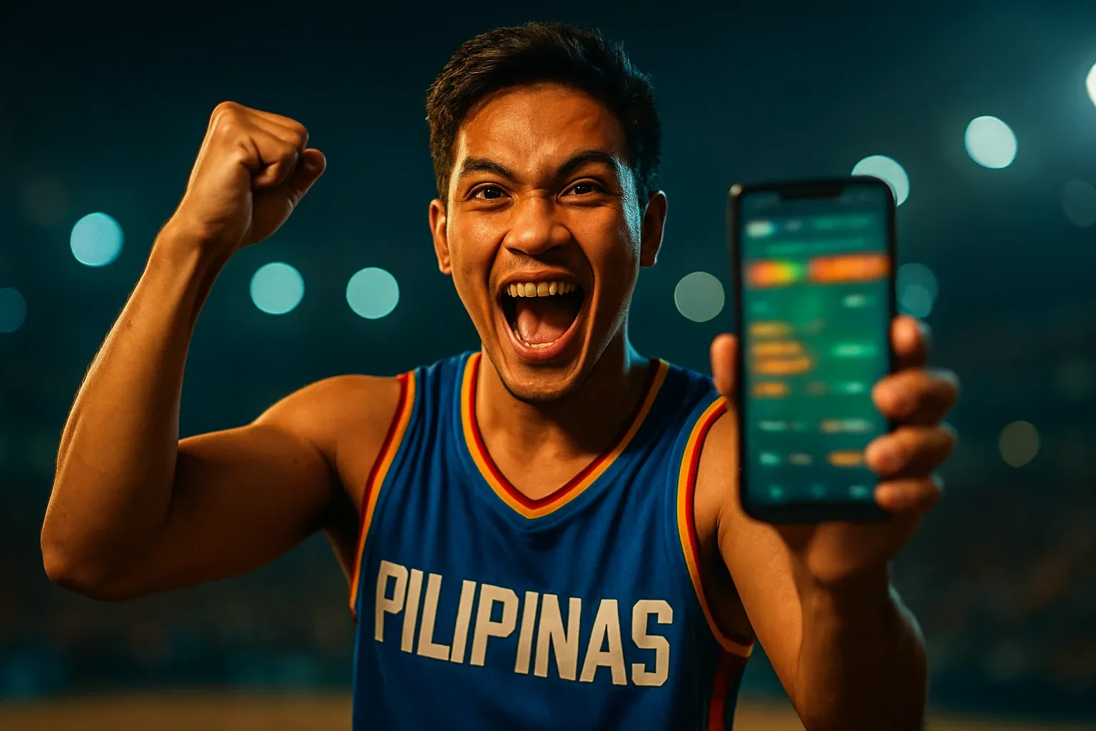 Excited young Filipino man cheering with smartphone showing sports betting interface