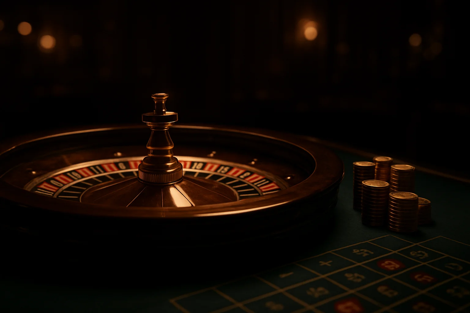Hyperrealistic live casino table with glowing roulette wheel and golden chips