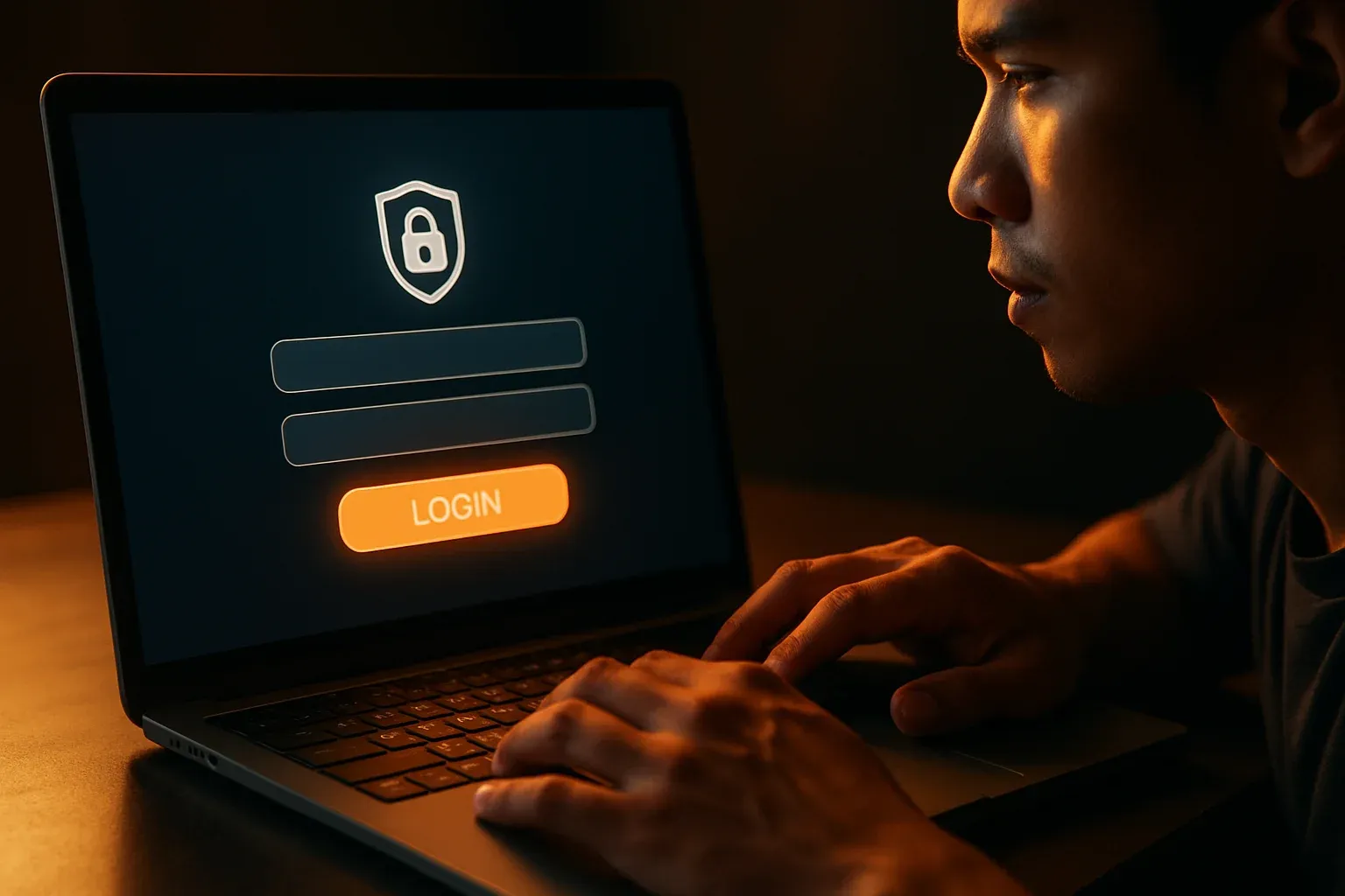 Young Filipino man using laptop with visible sign-in form and glowing login button