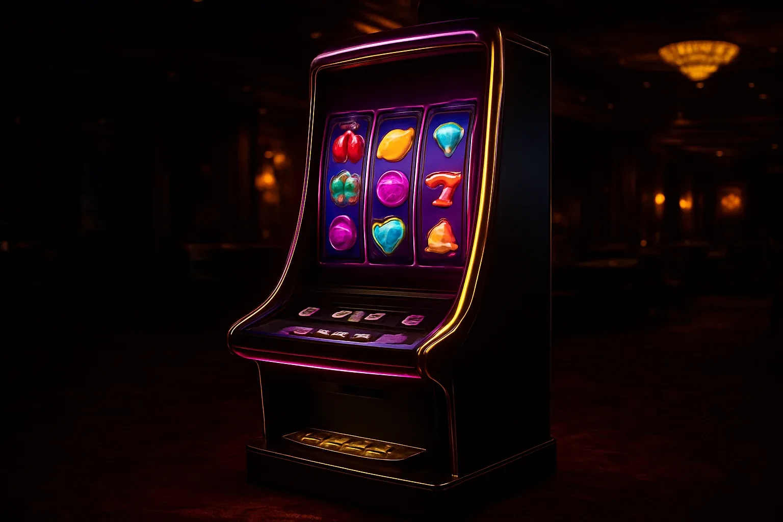 Complete premium slot machine on luxury casino floor with three vertical reels